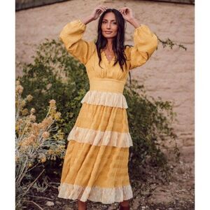 JessaKae Yellow Tiered Smocked Midi Dress